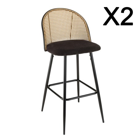 Set van 2 barkrukken LEA - Zitting van zwarte stof - Rugleuning in weblook